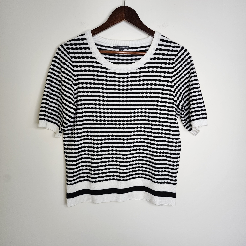 Adrianna Papell Black & White Striped Casual Preppy Short Sleeve Sweater Small